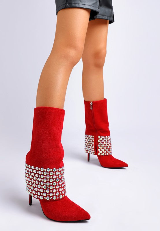 Basso Party Diamante Studded Stiletto Boots-Basso diamante studded stiletto boots. Sparkling rhinestone fold-over boots with 4.5" stiletto heel. Glam party style with cushioned insoles for comfort.