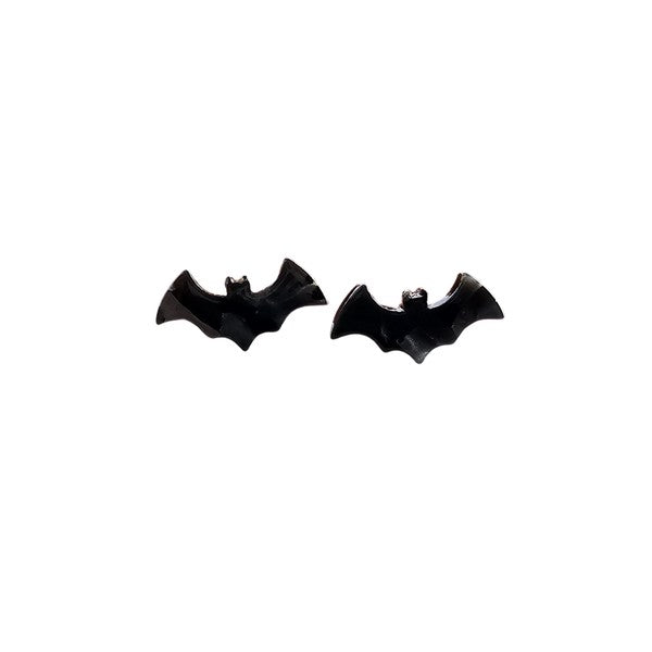 Shop Bat Studs - Black-Black bat stud earrings made from lightweight acrylic with hypoallergenic posts. The perfect spooky accessory for Halloween or fun everyday gothic style.-available at Reef Love online boho-chic boutique