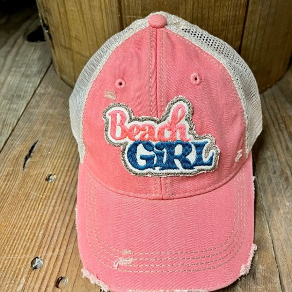 Beach Girl Embroidered Patch Distressed Baseball Cap-Beach Girl Embroidered Patch Distressed Baseball Cap. Distressed Headmost Brand Cap, Tan Mesh, Snapback Closure. Entire cap is soft and superior quality.