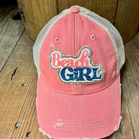 Beach Girl Embroidered Patch Distressed Baseball Cap-Beach Girl Embroidered Patch Distressed Baseball Cap. Distressed Headmost Brand Cap, Tan Mesh, Snapback Closure. Entire cap is soft and superior quality.