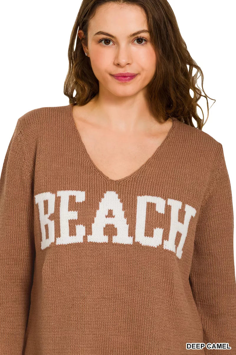 Beach V Neck Sweater, Camel