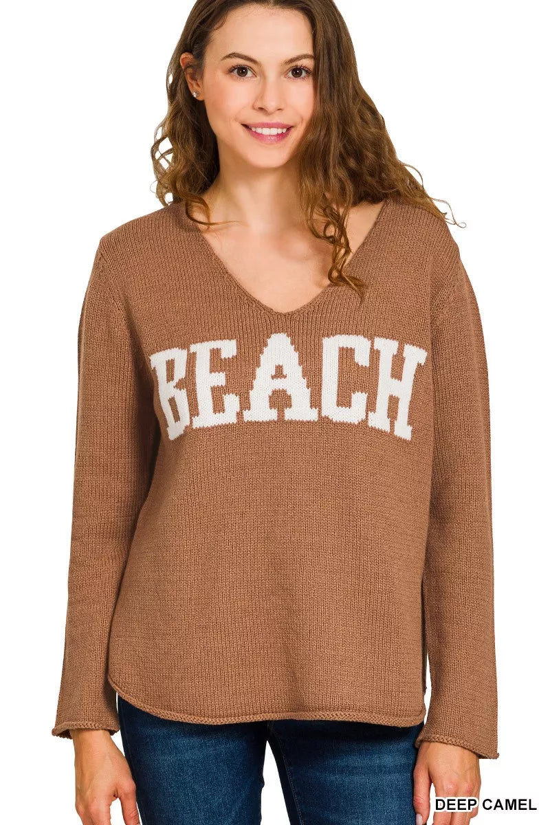 Beach V Neck Sweater, Camel