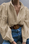 Hollow Out Solid Button Puff Sleeves Blouse