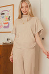 Beige Sweater Mock Neck Top & Long Pants Lounge Set-Light mocha beige ribbed sweater set with mock neck top and wide-leg pants. Chic two-piece lounge outfit in soft rayon-blend knit for elevated everyday wear.-Reef Love