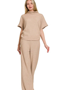 Beige Sweater Mock Neck Top & Long Pants Lounge Set-Light mocha beige ribbed sweater set with mock neck top and wide-leg pants. Chic two-piece lounge outfit in soft rayon-blend knit for elevated everyday wear.-Reef Love