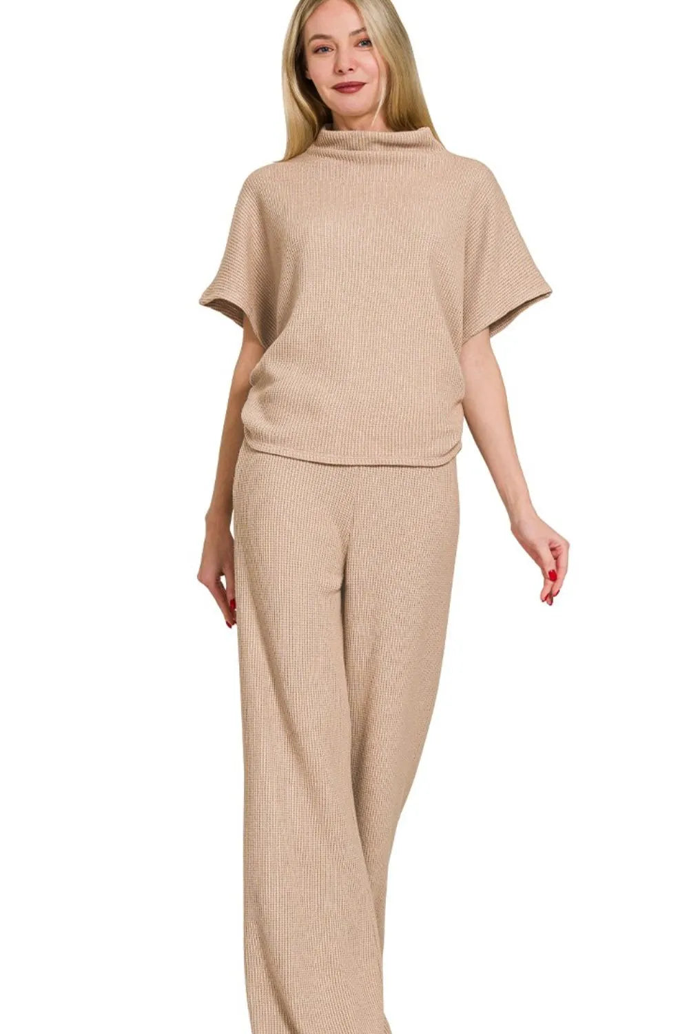 Beige Sweater Mock Neck Top & Long Pants Lounge Set-Light mocha beige ribbed sweater set with mock neck top and wide-leg pants. Chic two-piece lounge outfit in soft rayon-blend knit for elevated everyday wear.-Reef Love