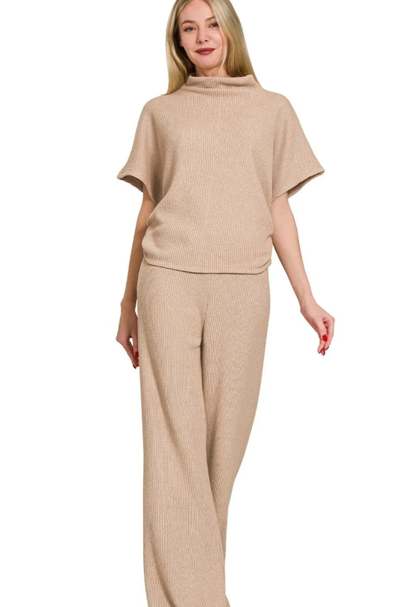 Beige Sweater Mock Neck Top & Long Pants Lounge Set-Light mocha beige ribbed sweater set with mock neck top and wide-leg pants. Chic two-piece lounge outfit in soft rayon-blend knit for elevated everyday wear.-Reef Love