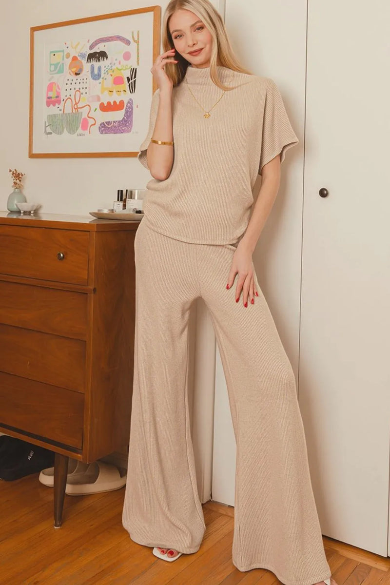 Beige Sweater Mock Neck Top & Long Pants Lounge Set-Light mocha beige ribbed sweater set with mock neck top and wide-leg pants. Chic two-piece lounge outfit in soft rayon-blend knit for elevated everyday wear.-Reef Love