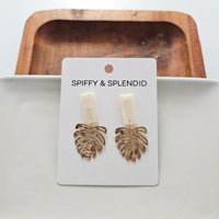 Shop Belize Earrings - Gold Monstera-Lightweight gold monstera leaf earrings with shimmery neutral acrylic studs. Tropical-inspired and hypoallergenic—perfect for everyday or resort-ready style.-available at Reef Love online boho-chic boutique