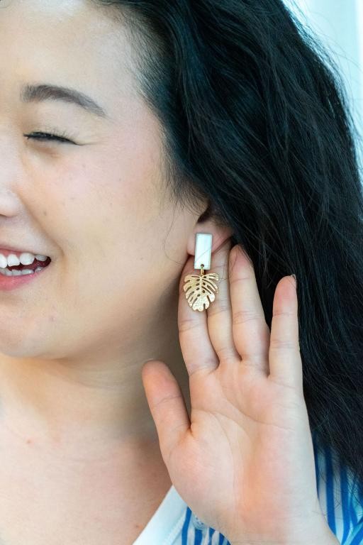Shop Belize Earrings - Gold Monstera-Lightweight gold monstera leaf earrings with shimmery neutral acrylic studs. Tropical-inspired and hypoallergenic—perfect for everyday or resort-ready style.-available at Reef Love online boho-chic boutique