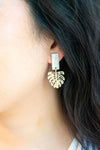 Shop Belize Earrings - Gold Monstera-Lightweight gold monstera leaf earrings with shimmery neutral acrylic studs. Tropical-inspired and hypoallergenic—perfect for everyday or resort-ready style.-available at Reef Love online boho-chic boutique