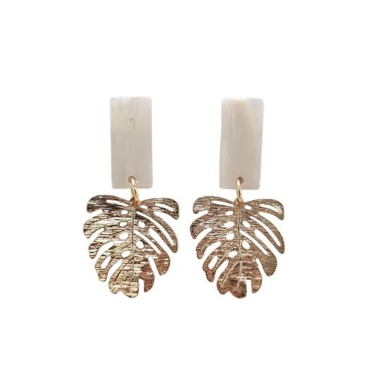 Shop Belize Earrings - Gold Monstera-Lightweight gold monstera leaf earrings with shimmery neutral acrylic studs. Tropical-inspired and hypoallergenic—perfect for everyday or resort-ready style.-available at Reef Love online boho-chic boutique