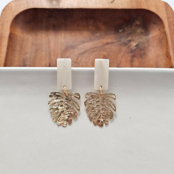 Shop Belize Earrings - Gold Monstera-Lightweight gold monstera leaf earrings with shimmery neutral acrylic studs. Tropical-inspired and hypoallergenic—perfect for everyday or resort-ready style.-available at Reef Love online boho-chic boutique