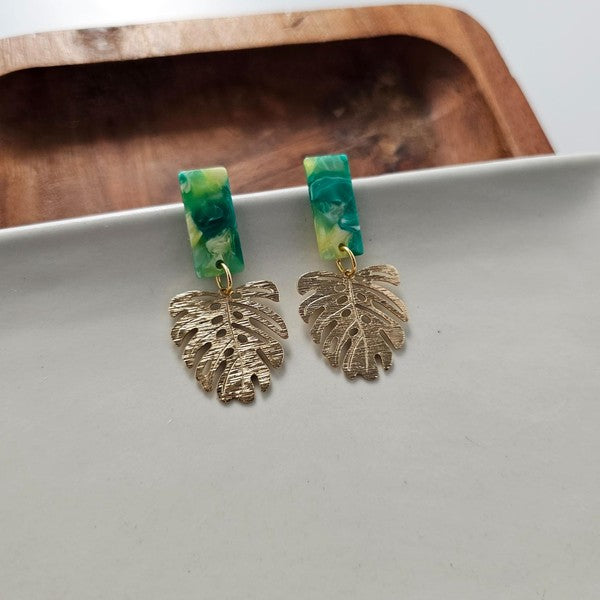 Shop Belize Earrings - Green with Gold Monstera-Mini green acrylic stud earrings with gold monstera charms. Lightweight, hypoallergenic, and full of tropical charm—perfect for everyday or vacation wear.-available at Reef Love online boho-chic boutique