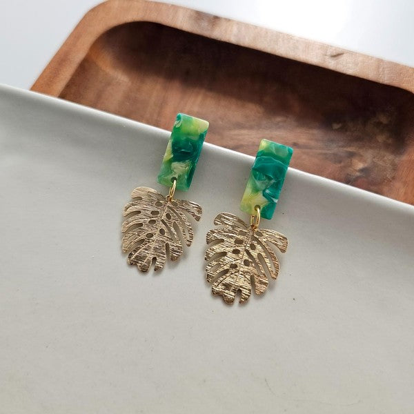 Shop Belize Earrings - Green with Gold Monstera-Mini green acrylic stud earrings with gold monstera charms. Lightweight, hypoallergenic, and full of tropical charm—perfect for everyday or vacation wear.-available at Reef Love online boho-chic boutique
