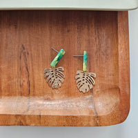 Shop Belize Earrings - Green with Gold Monstera-Mini green acrylic stud earrings with gold monstera charms. Lightweight, hypoallergenic, and full of tropical charm—perfect for everyday or vacation wear.-available at Reef Love online boho-chic boutique