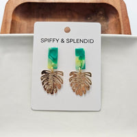 Shop Belize Earrings - Green with Gold Monstera-Mini green acrylic stud earrings with gold monstera charms. Lightweight, hypoallergenic, and full of tropical charm—perfect for everyday or vacation wear.-available at Reef Love online boho-chic boutique
