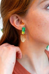 Shop Belize Earrings - Green with Gold Monstera-Mini green acrylic stud earrings with gold monstera charms. Lightweight, hypoallergenic, and full of tropical charm—perfect for everyday or vacation wear.-available at Reef Love online boho-chic boutique