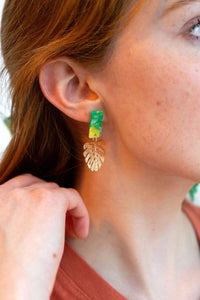 Shop Belize Earrings - Green with Gold Monstera-Mini green acrylic stud earrings with gold monstera charms. Lightweight, hypoallergenic, and full of tropical charm—perfect for everyday or vacation wear.-available at Reef Love online boho-chic boutique