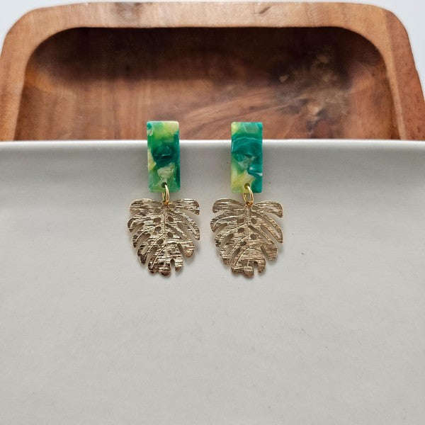 Shop Belize Earrings - Green with Gold Monstera-Mini green acrylic stud earrings with gold monstera charms. Lightweight, hypoallergenic, and full of tropical charm—perfect for everyday or vacation wear.-available at Reef Love online boho-chic boutique