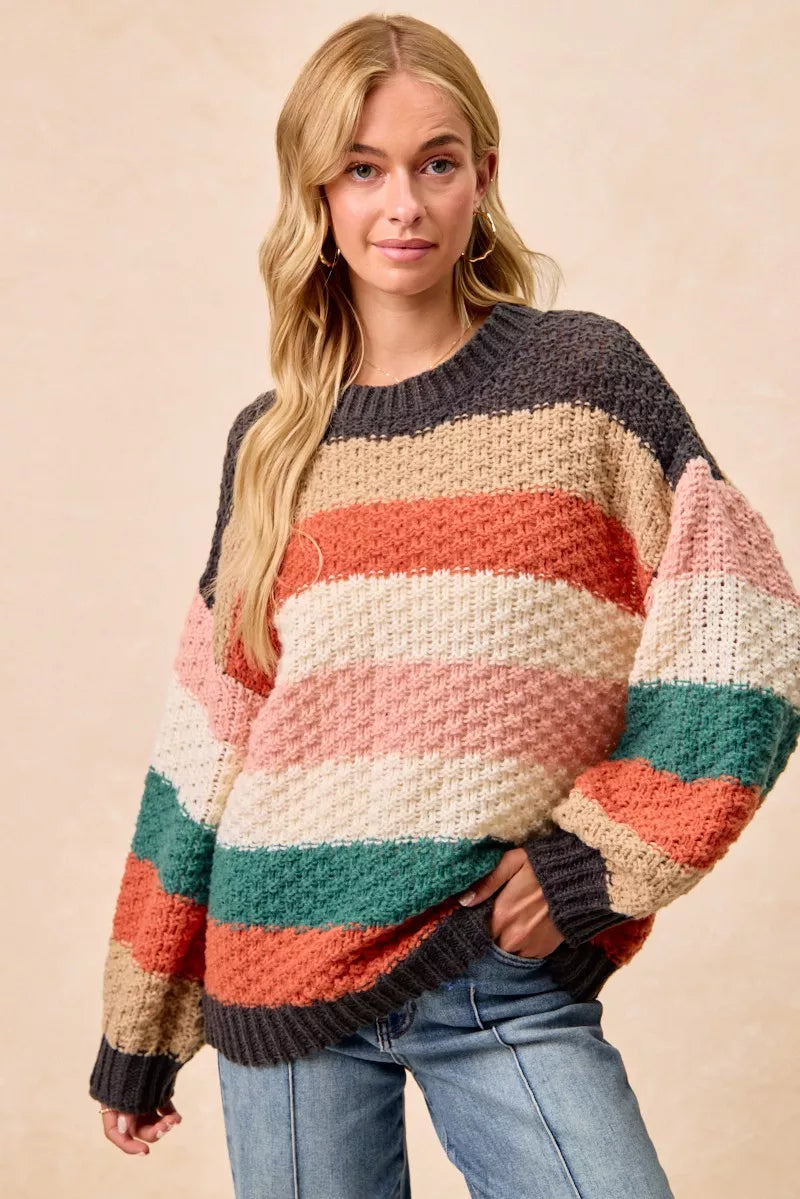 BiBi Stripes Color Block Chunky Sweater-Reef Love