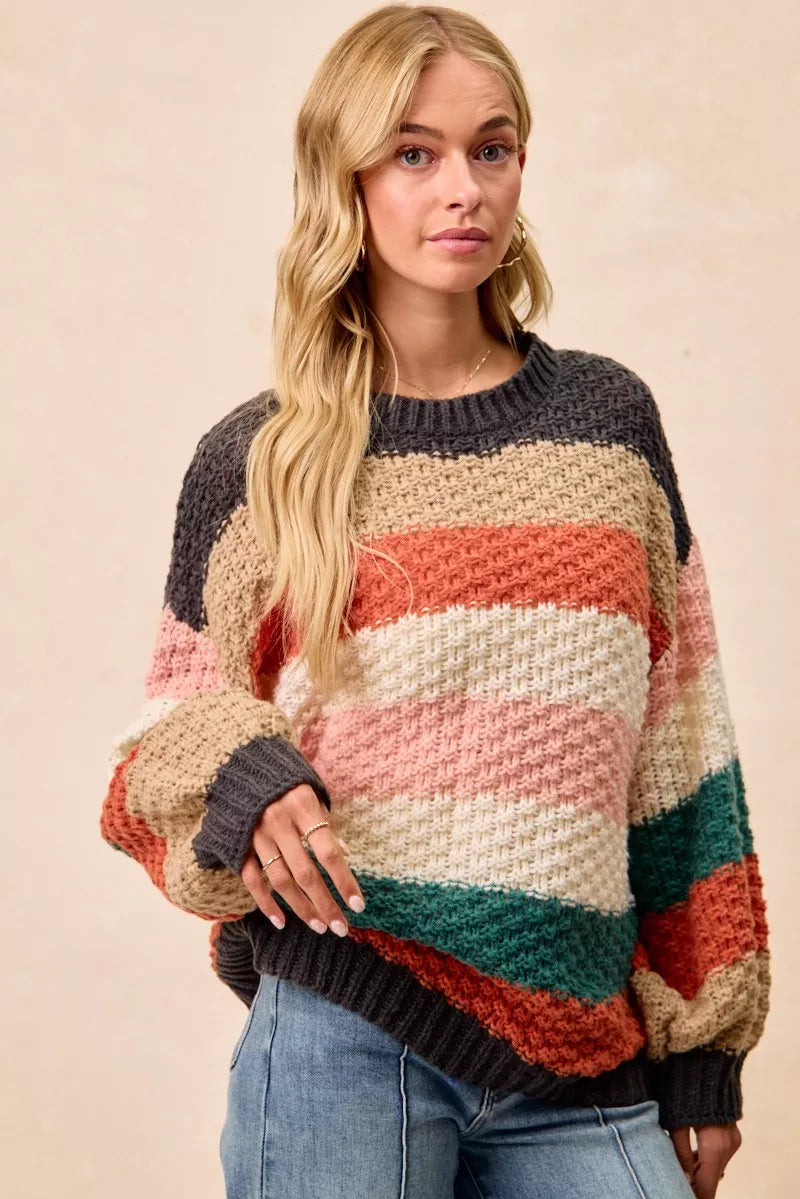 BiBi Stripes Color Block Chunky Sweater-Reef Love