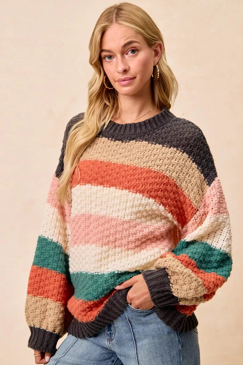 BiBi Stripes Color Block Chunky Sweater-Reef Love