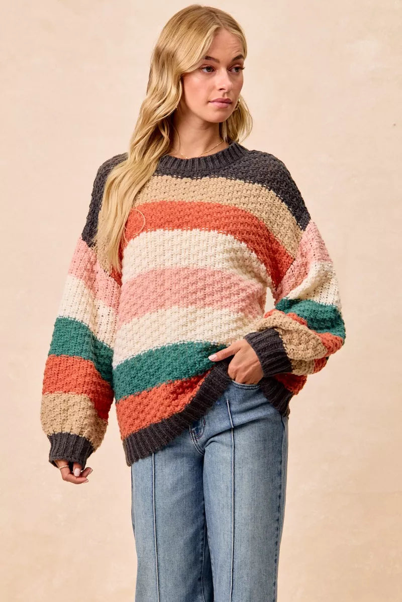 BiBi Stripes Color Block Chunky Sweater-Reef Love