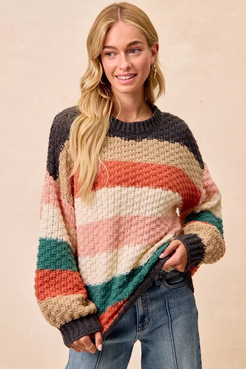 BiBi Stripes Color Block Chunky Sweater-Reef Love