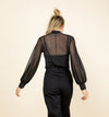 Black Mesh Bubble Sleeve Mock Neck Blouse-Black mesh blouse with bubble long sleeves and mock neck. Sheer layering top made in USA, perfect over camis, bralettes, or tanks for edgy chic styling.-Reef Love
