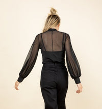 Black Mesh Bubble Sleeve Mock Neck Blouse-Black mesh blouse with bubble long sleeves and mock neck. Sheer layering top made in USA, perfect over camis, bralettes, or tanks for edgy chic styling.-Reef Love