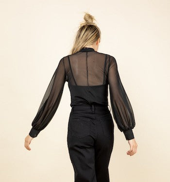 Black Mesh Bubble Sleeve Mock Neck Blouse-Black mesh blouse with bubble long sleeves and mock neck. Sheer layering top made in USA, perfect over camis, bralettes, or tanks for edgy chic styling.-Reef Love