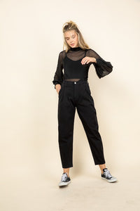 Black Mesh Bubble Sleeve Mock Neck Blouse-Black mesh blouse with bubble long sleeves and mock neck. Sheer layering top made in USA, perfect over camis, bralettes, or tanks for edgy chic styling.-Reef Love