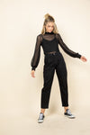Black Mesh Bubble Sleeve Mock Neck Blouse-Black mesh blouse with bubble long sleeves and mock neck. Sheer layering top made in USA, perfect over camis, bralettes, or tanks for edgy chic styling.-Reef Love