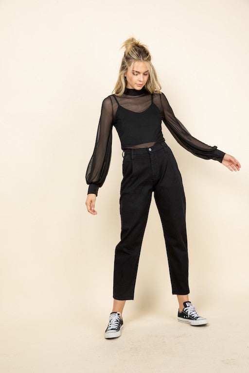 Black Mesh Bubble Sleeve Mock Neck Blouse-Black mesh blouse with bubble long sleeves and mock neck. Sheer layering top made in USA, perfect over camis, bralettes, or tanks for edgy chic styling.-Reef Love