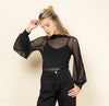Black Mesh Bubble Sleeve Mock Neck Blouse-Black mesh blouse with bubble long sleeves and mock neck. Sheer layering top made in USA, perfect over camis, bralettes, or tanks for edgy chic styling.-Reef Love