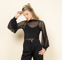 Black Mesh Bubble Sleeve Mock Neck Blouse-Black mesh blouse with bubble long sleeves and mock neck. Sheer layering top made in USA, perfect over camis, bralettes, or tanks for edgy chic styling.-Reef Love