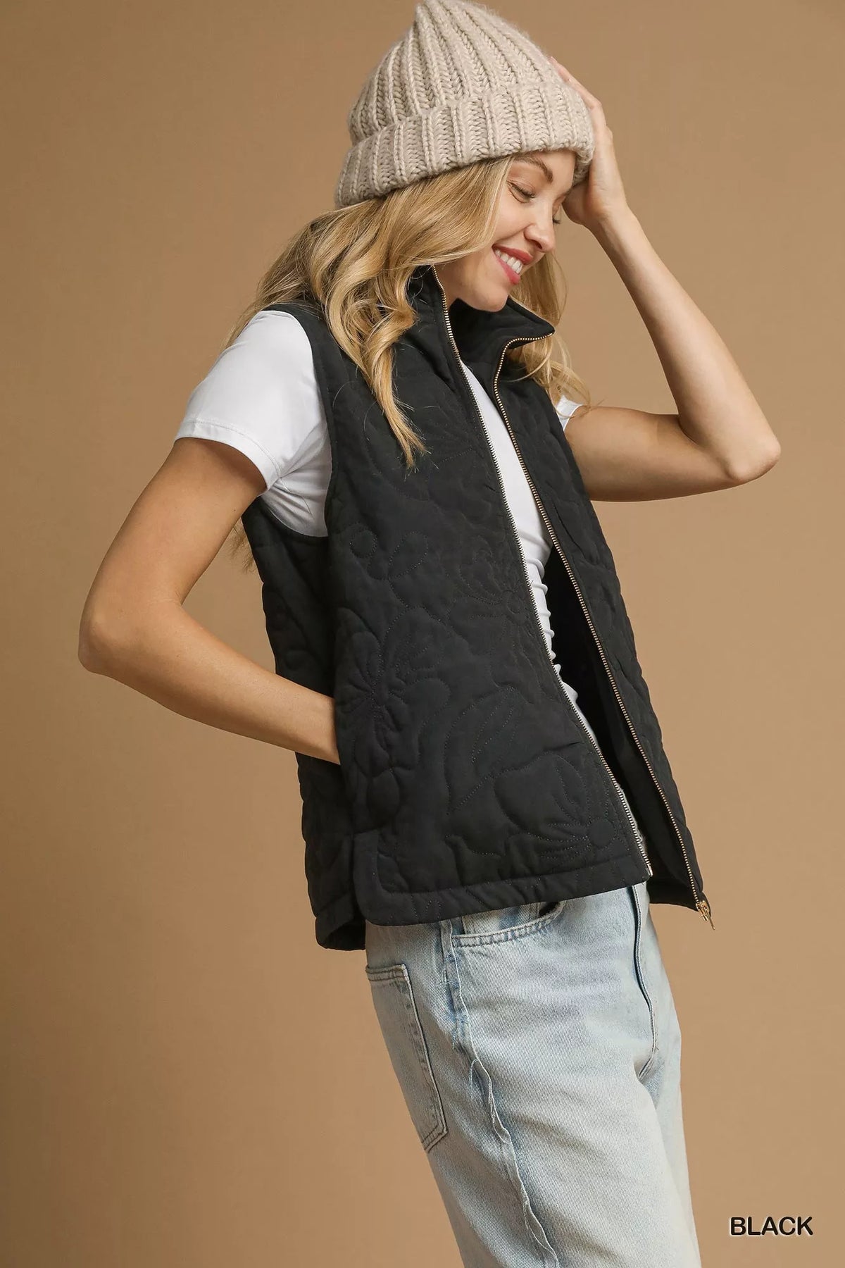 Black Quilted Floral Zip Up Vest with Pockets