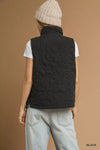 Black Quilted Floral Zip Up Vest with Pockets