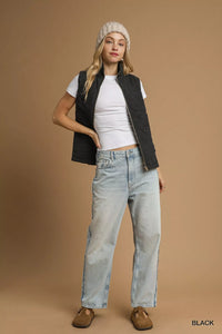 Black Quilted Floral Zip Up Vest with Pockets