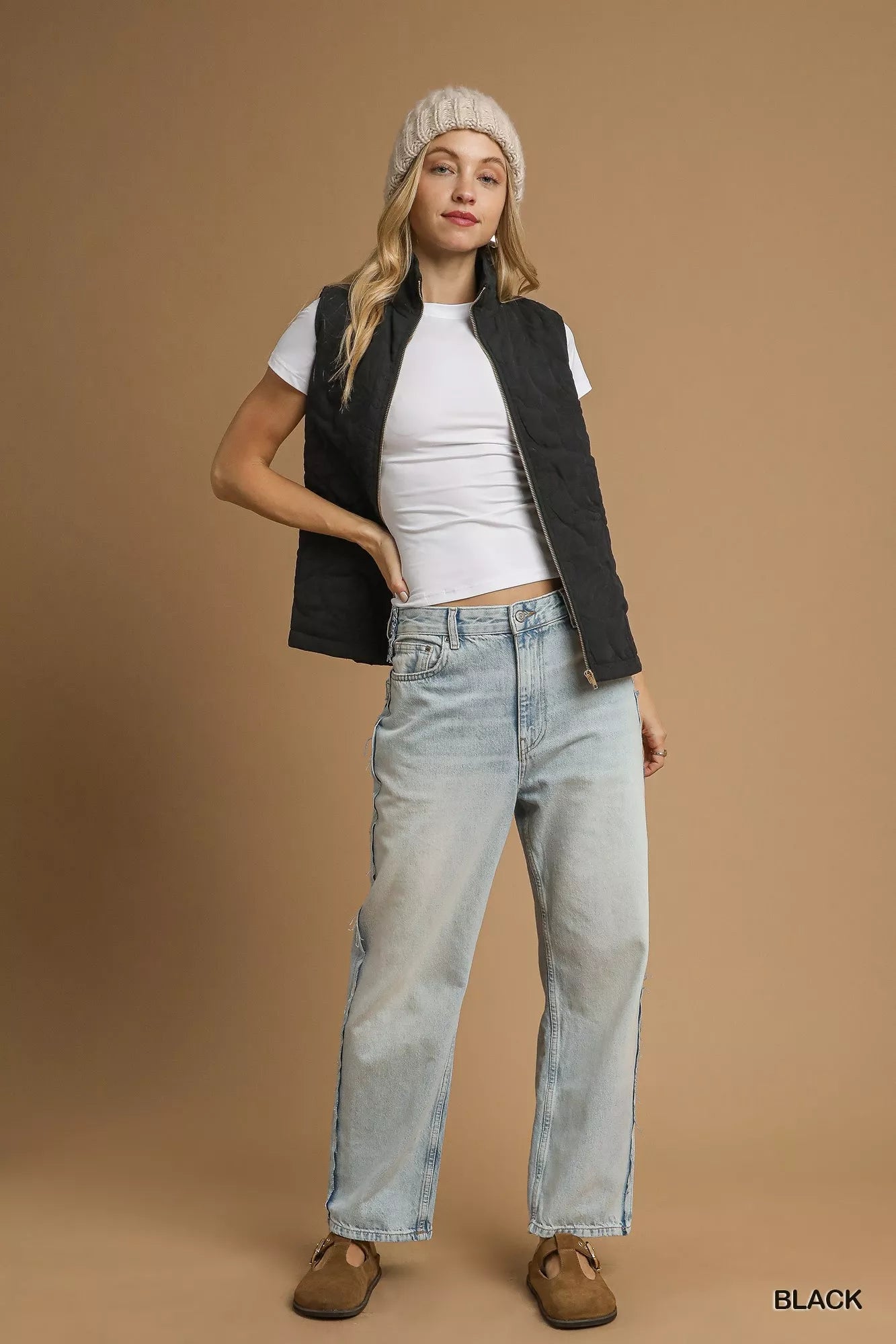 Black Quilted Floral Zip Up Vest with Pockets