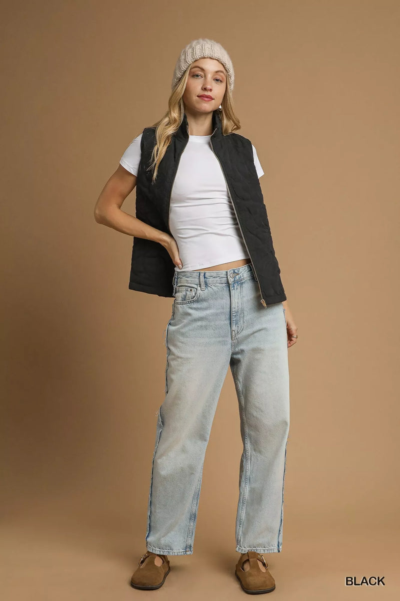 Black Quilted Floral Zip Up Vest with Pockets