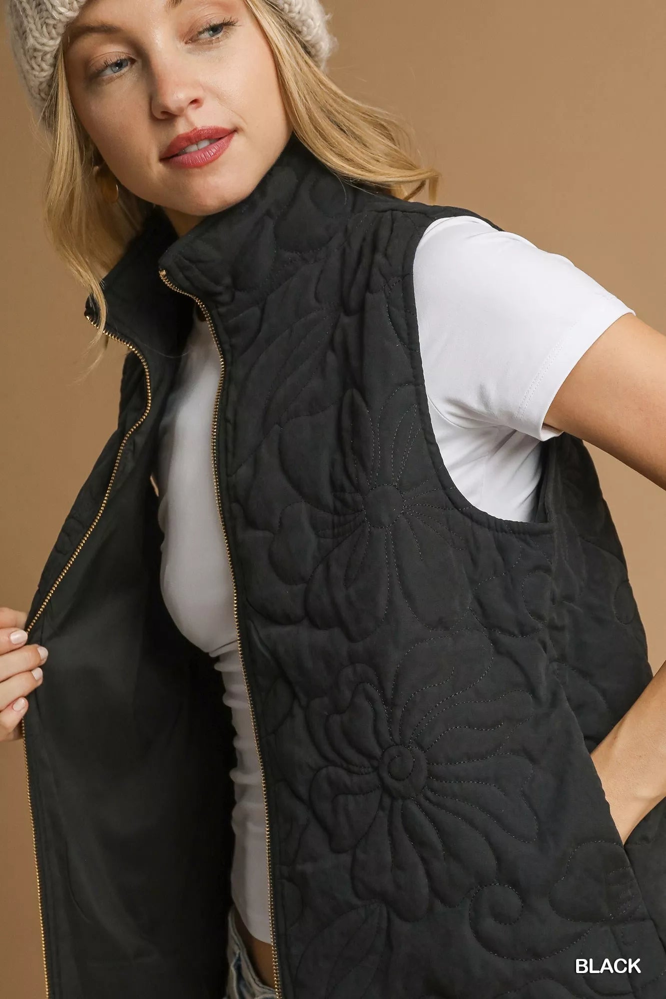 Black Quilted Floral Zip Up Vest with Pockets