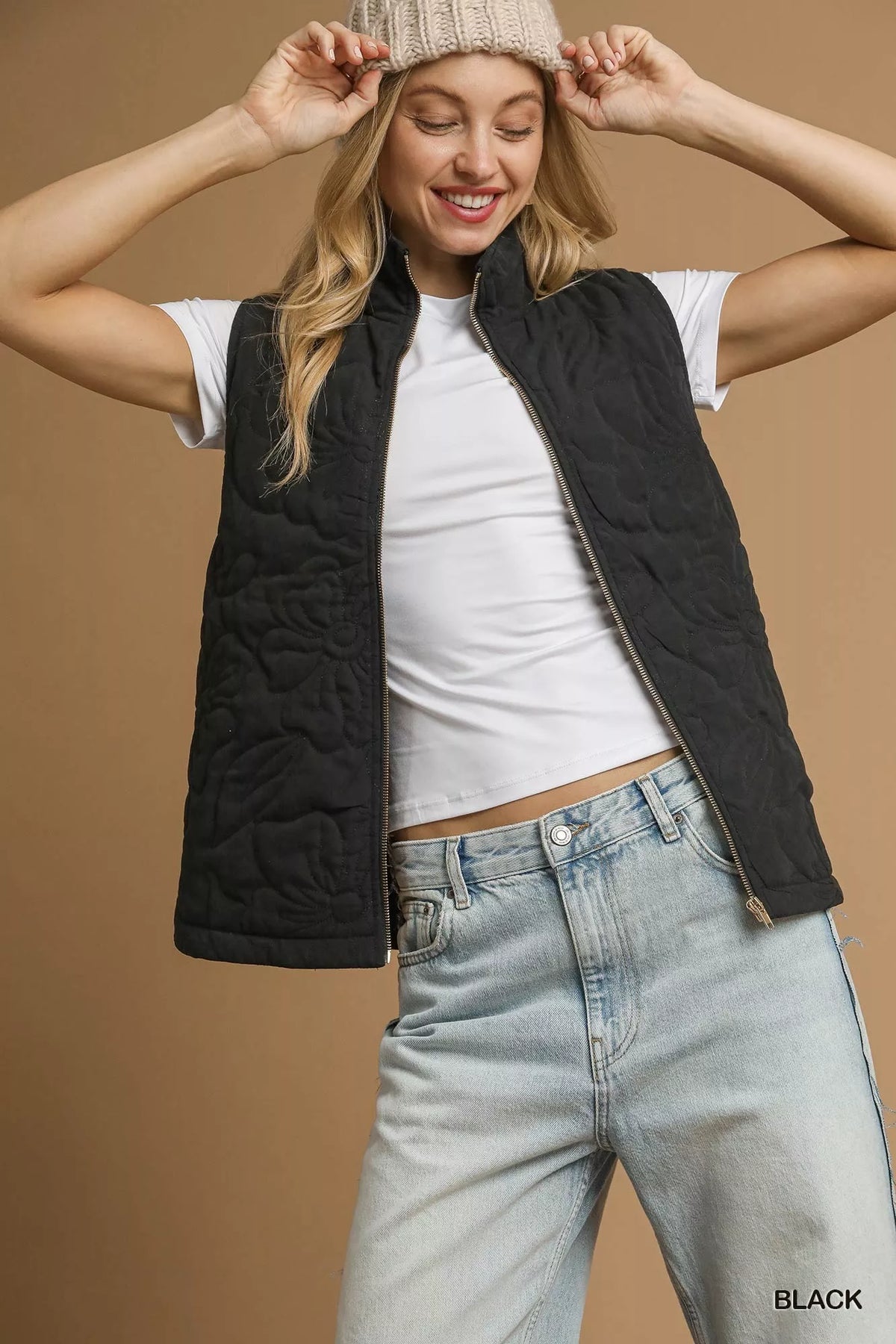 Black Quilted Floral Zip Up Vest with Pockets