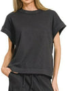 Black Ribbed Short Sleeve Tee and Pants Lounge Set-Black ribbed short sleeve tee & pants lounge set. Two-piece cotton-blend outfit with drawstring pants and ribbed knit texture for chic casual comfort.-Reef Love