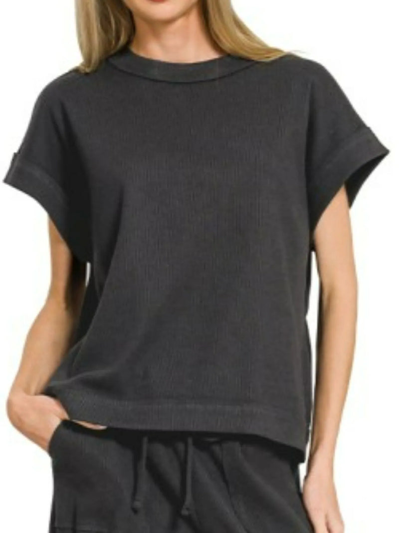 Black Ribbed Short Sleeve Tee and Pants Lounge Set-Black ribbed short sleeve tee & pants lounge set. Two-piece cotton-blend outfit with drawstring pants and ribbed knit texture for chic casual comfort.-Reef Love