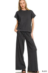 Black Ribbed Short Sleeve Tee and Pants Lounge Set-Black ribbed short sleeve tee & pants lounge set. Two-piece cotton-blend outfit with drawstring pants and ribbed knit texture for chic casual comfort.-Reef Love
