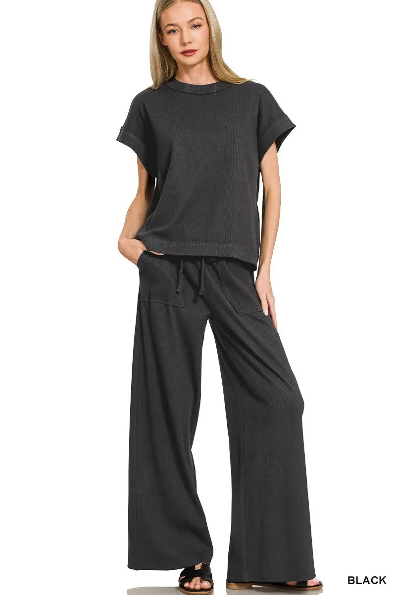 Black Ribbed Short Sleeve Tee and Pants Lounge Set-Black ribbed short sleeve tee & pants lounge set. Two-piece cotton-blend outfit with drawstring pants and ribbed knit texture for chic casual comfort.-Reef Love