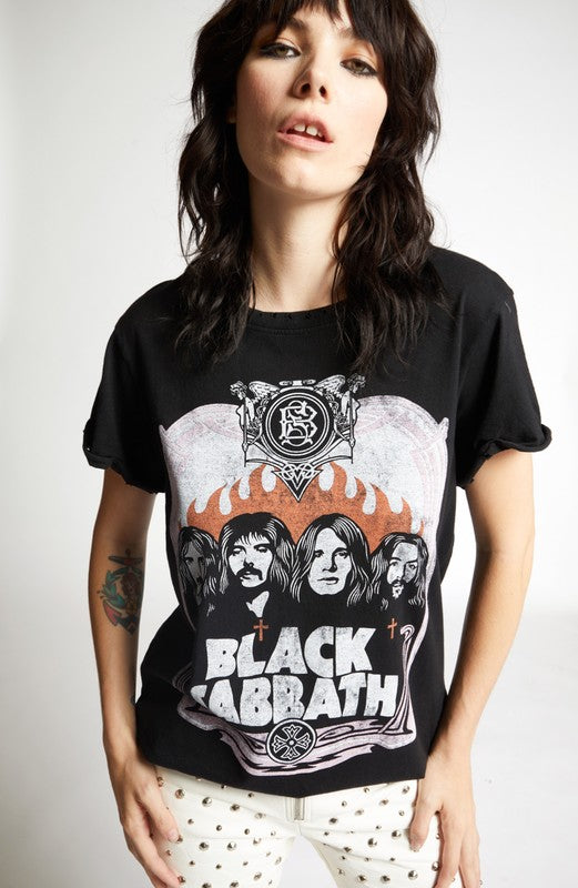 Shop Black Sabbath Band Tee-Black Sabbath band tee with flame graphic, cuffed sleeves & distressed hems. 100% cotton, vintage fit—perfect for rock lovers & casual streetwear style.-available at Reef Love online boho-chic boutique