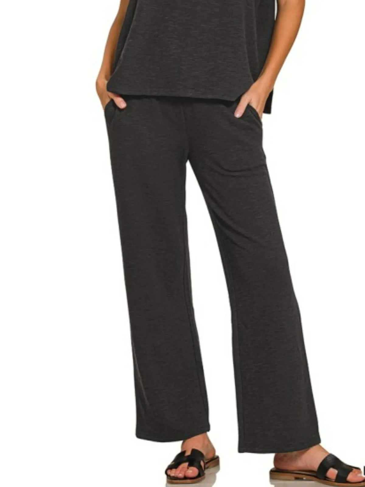 Black Slub Short Sleeve T-Shirt and Pants Lounge Set-Black slub lounge set with oversized short-sleeve top and wide-leg pants with pockets. Soft cotton-blend two-piece outfit for chic everyday comfort.-Reef Love